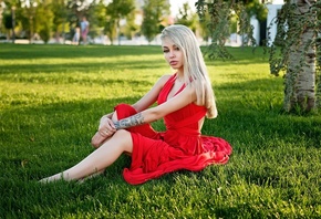women, red dress, sitting, trees, women outdoors, tattoo, grass, portrait,  ...