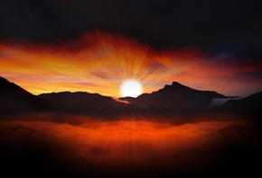 clouds, dawn, the sky, the sun, mountains, rays