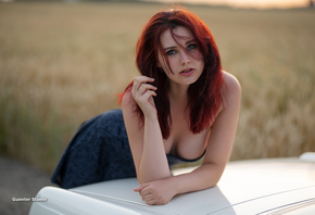 women, Guenter Stoehr, dress, portrait, redhead, women outdoors, boobs, bar ...