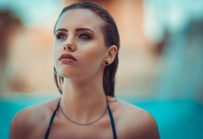 women, face, portrait, water drops, bare shoulders, wet hair