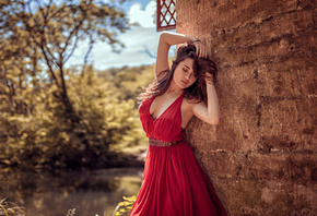 women, portrait, red dress, wall, armpits, trees, river, cleavage