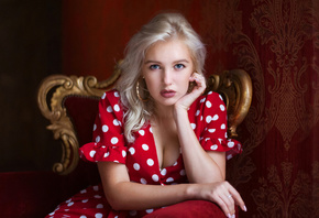Christina Artemyeva, women, Maxim Maximov, polka dots, dress, blue eyes, sitting, portrait, pink nails
