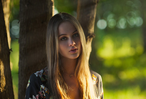 women, blonde, sand, trees, bokeh, portrait, necklace