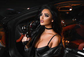 women, Ivan Gorokhov, tanned, gun, women with cars, leather jackets, black hair, choker, juicy lips, portrait