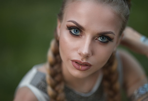 women, Dmitry Sn, blondeblue eyes, pigtails, face, portrait