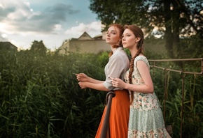 women, portrait, redhead, dress, two women, pigtails, black nails, trees, women outdoors