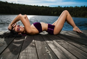 women, swimwear, pier, water, brunette, lying on back, wooden surface, women outdoors, sunglasses, white nails