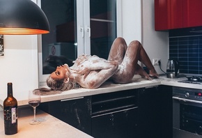 women, tanned, kitchen, nude, blonde, flour, boobs, bottles, drinking glass ...