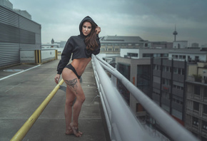 women, hoods, tattoo, rooftops, belly, women outdoors, building, portrait