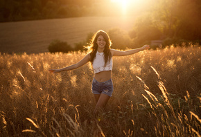 women, Martin Kuhn, portrait, belly, jean shorts, smiling, sunset, women ou ...