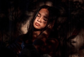 women, closed eyes, portrait, face, sitting, wood, shadow