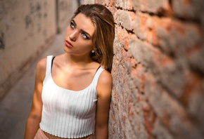 women, Marco Squassina, portrait, blonde, bricks, wall