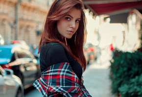 women, portrait, plaid shirt, redhead