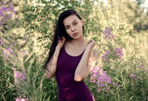 women, portrait, purple dresses, long hair