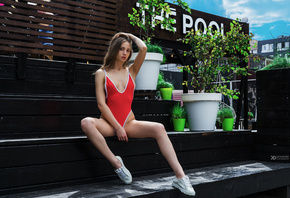 women, sitting, sneakers, tattoo, one-piece swimsuit, plants