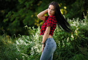 women, jeans, plaid shirt, portrait, long hair