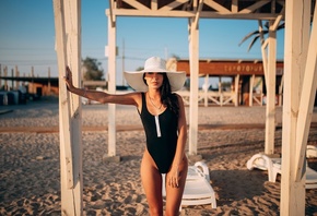 women, tanned, one-piece swimsuit, sea, women outdoors, hat, the gap, sand, ...