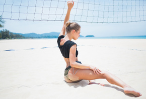 women, blonde, sand, thong, ass, sitting, women outdoors, sea, beach, sand covered, hairbun