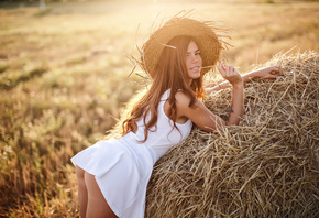 women, hat, ass, tattoo, hay, white dress, portrait, women outdoors