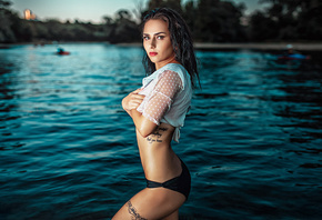 women, thong, tattoo, portrait, belly, red lipstick, arms crossed, wet hair, wet body, water drops, river