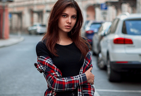 women, portrait, plaid shirt, black nails, car