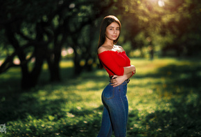 women, Mihail Gerasimov, portrait, jeans, trees