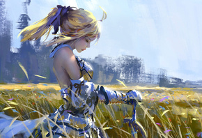 sword, digital art, armor, wind, saber lily