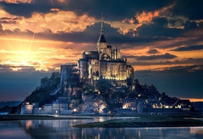 Mont-Saint-Michel, sunset, french landmarks, island, France
