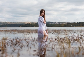 women, portrait, wet clothing, ass, women outdoors, long hair, white clothing