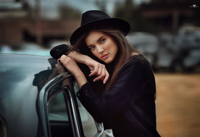 women, Dmitry Arhar, portrait, hat, women with cars