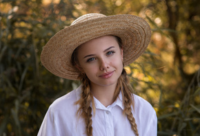 women, pigtails, smiling, blonde, hat, white shirt, gray eyes, portrait