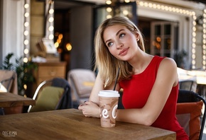 women, blonde, red dress, portrait, Oleg Klimin, chair, sitting, smiling, p ...