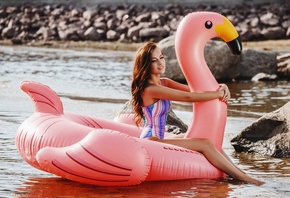 women, Inflatable Chair, sea, sitting, smiling, one-piece swimsuit