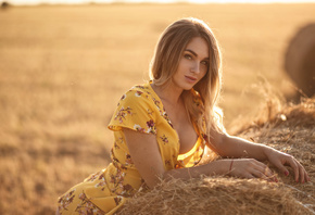 women, blonde, portrait, women outdoors, yellow dress, hay, boobs, nipples, ...