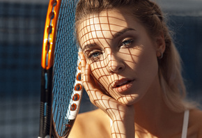 women, blonde, face, tennis rackets, portrait, gray eyes