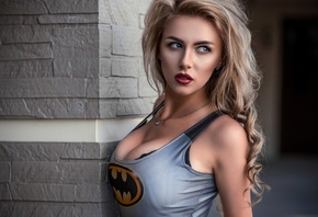women, blonde, portrait, blue eyes, necklace, Batman logo