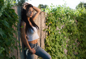 women, portrait, belly, torn jeans, brunette, long hair