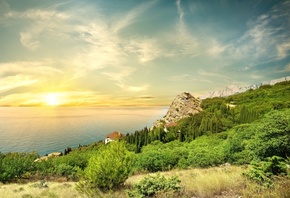 sea, forest, the sky, the sun, clouds, trees, rocks, coast, slope, horizon, houses, the bushes, Crimea
