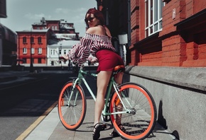 women, sandals, redhead, sunglasses, ass, bare shoulders, women with bicycles