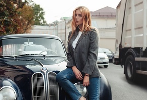 women, blonde, BMW, portrait, women with cars, women outdoors