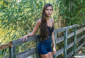 women, portrait, fence, long hair, jean shorts, red nails