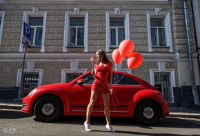 women, Oleg Klimin, balloon, polka dots, women with cars, red dress, sneakers, smiling