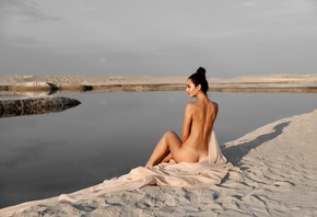 women, sitting, hairbun, sand, brunette, women outdoors, ass, tan lines, ba ...