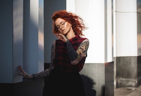 women, closed eyes, redhead, tattoo, red nails, women with glasses, portrait