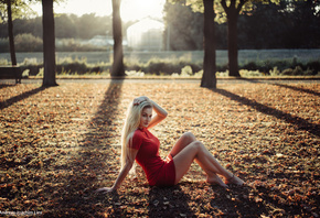 women, Andreas-Joachim Lins, blonde, trees, red dress, sitting, leaves, women outdoors, long hair
