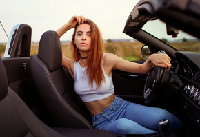 women, portrait, redhead, BMW, choker, tank top, jeans, nipple through clothing, women with cars