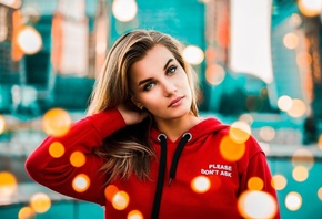 women, portrait, blonde, sweater, building