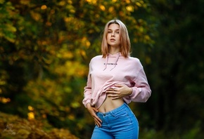 women, blonde, belly, jeans, sweater, portrait