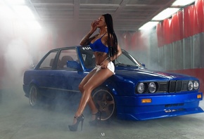 women, Alex Bazilev, smoke, tanned, jean shorts, high heels, long hair, belly, tattoo, women with cars, women with glasses