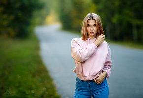 women, blonde, road, jeans, portrait, sweater